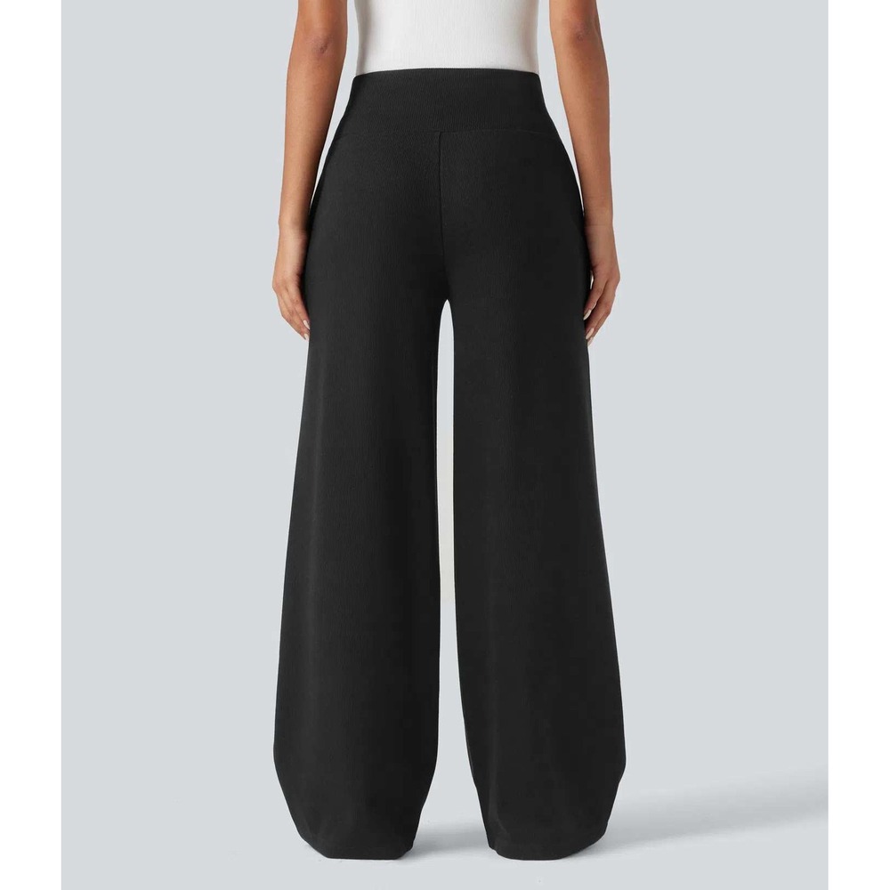 Halara Ribbed Knit Tummy Control Wide Leg Pants Pockets Black NWT XL Petite - Picture 4 of 16